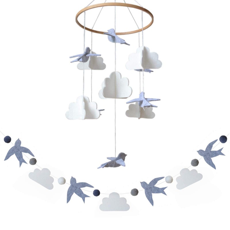 Sorrel + Fern Baby Crib Mobile - Birds in The Clouds w/Garland - Nursery Decor for Boys & Girls - Image 1